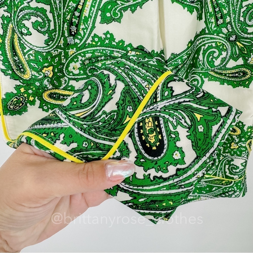 J. Crew Green Paisley Print Wide-Leg Pants with Yellow Drawstring - Picture 3 of 8